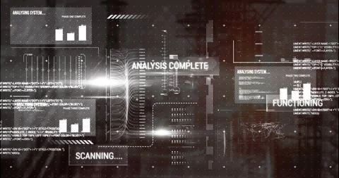 Animation of hud interface with graphs, programming language and lens flare over Stock Footage 330255528