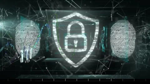 Animation of hud interface with lock and shield, application icons, Stock Footage 328014377