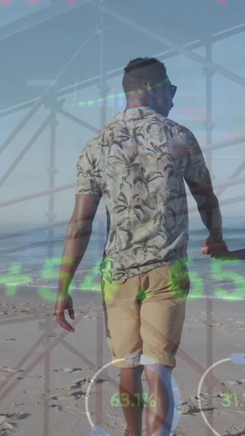 Animation of hud interface, low angle view of bridge, african american couple 库存影片 342915283