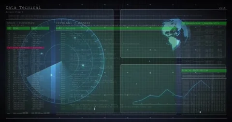 Animation of hud interface screens with graph, radar, globe and programming Vidéo 247316609