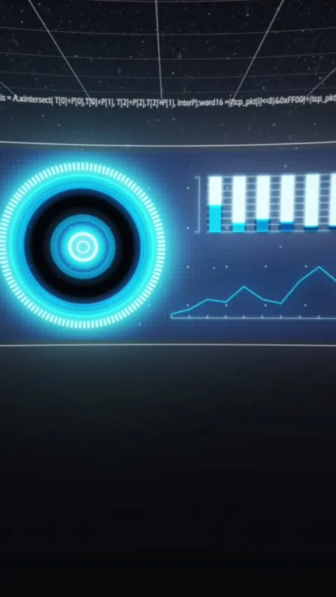 Animation of hud interface screens with graphs and computer language moving on Stock Footage 321039295