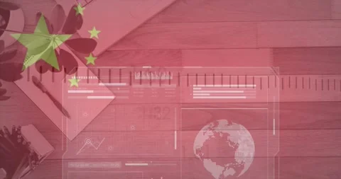 Animation of hud interface screens moving over notepad and pen on desk Stock Footage 326409446