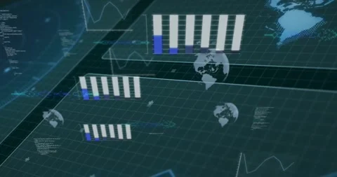 Animation of hud screens with graphs, globe, computer language on grid pattern Stock Footage 249251857