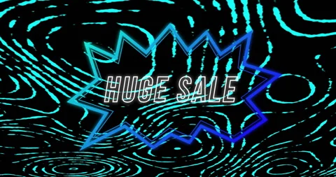 Animation of huge sale text in angular shaped speech bubble over blue lights on Stock Footage 257190603