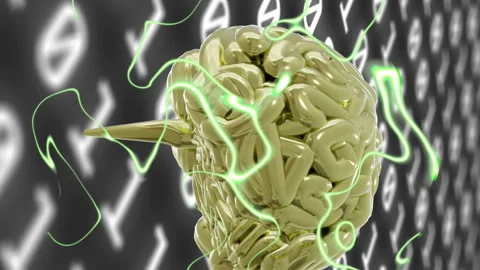 Animation of human brain and data processing with binary coding Stock Footage 312410096