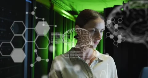 Animation of human brain and data processing over caucasian businesswoman by Stock Footage 329110241