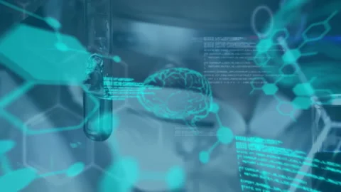 Animation of human brain and scientific data processing over laboratory Stock Footage 310590311