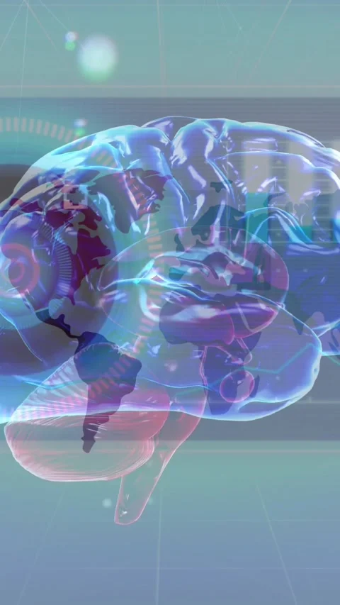Animation of human brain, data processing over world map Stock Footage 344766223