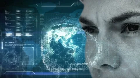 Animation of human brain, globe and data processing over caucasian woman Stock Footage 201173060