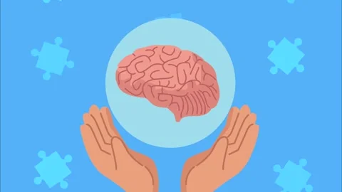 Animation of human brain held in cupped hands inside glowing sphere surroun.. Vídeo Stock 339072387