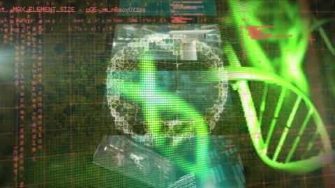 Animation of human brain icon and dna structures spinning over screens of data 库存影片 328586512