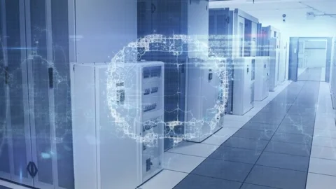 Animation of human brain icon spinning and data processing against computer Video stock 326032212