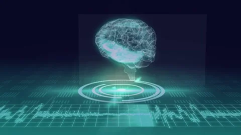 Animation of human brain icon spinning over round scanner and data processing on Vídeos de archivo 329560818