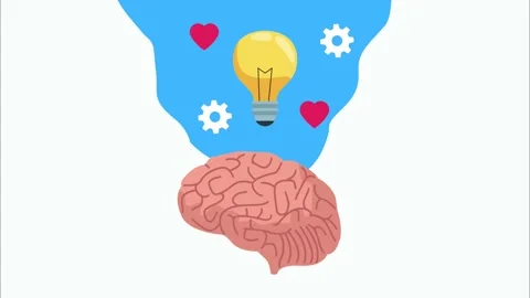 Animation of human brain illustration with floating light bulb and symbols .. Stock Footage 338313341