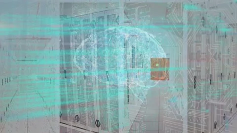 Animation of human brain with programing codes spinning over computer server Stock Footage 202076156