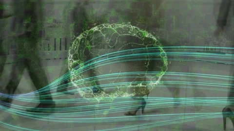 Animation of human brain spinning over people walking in fast motion Stock Footage 165091698