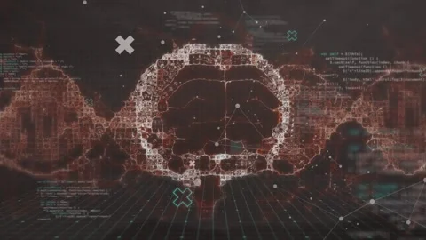 Animation of human digital brain and computer language with dots over black Stock Footage 328097209