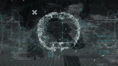 Animation of human digital brain and computer language with dots over black Stock Footage 328715301