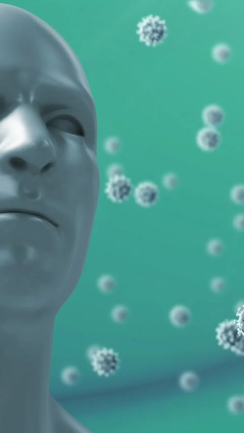Animation of human face model and multiple covid-19 cell icons floating against Stock Footage 341920956