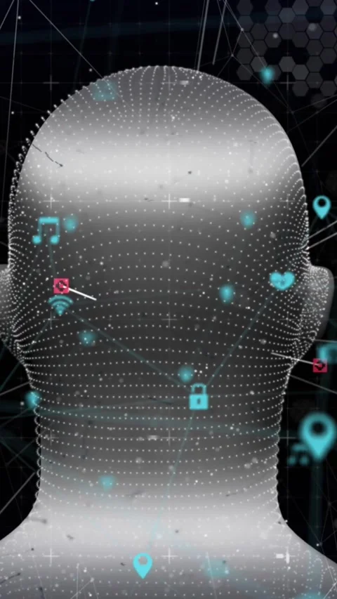 Animation of human face rotating and connected icons forming globe over black Stock Footage 344614034