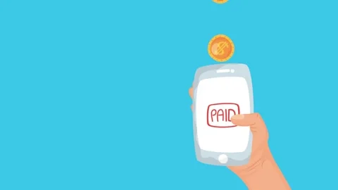 Animation of a human hand holding a smartphone showing paid status with a f.. Stock Footage 339049366