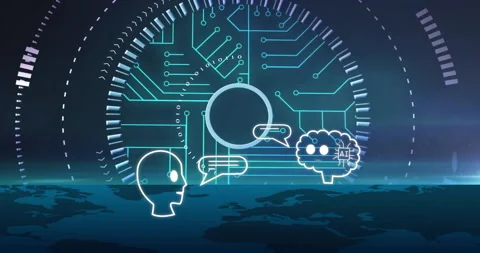 Animation of human head with digital brain and circuit board, showing AI concept Stock Footage 304841454