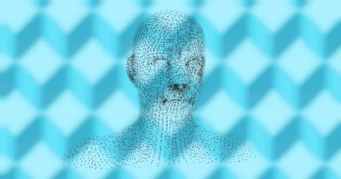 Animation of human head formed with binary coding spinning over patterned blue Stock Footage 157934352
