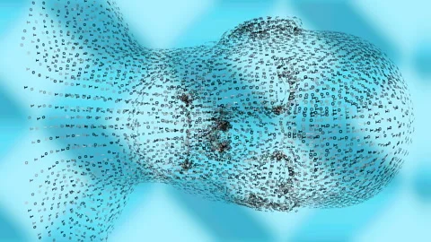 Animation of human head formed with binary coding spinning over patterned blue Stock Footage 312847969