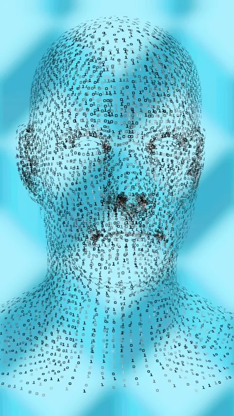 Animation of human head formed with binary coding spinning over patterned blue Stock Footage 322559770