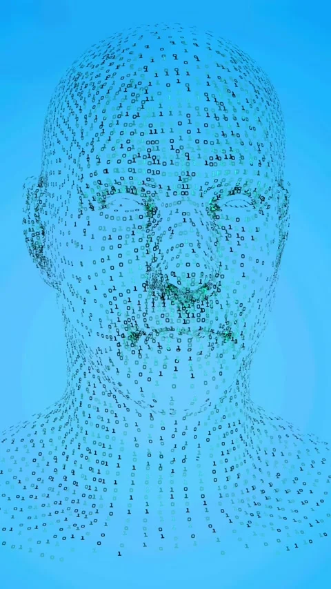 Animation of human head formed with binary coding spinning over blue background 스톡 동영상 343902066