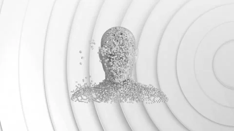 Animation of human head formed with exploding particles on 3d white background Stock Footage 160046348