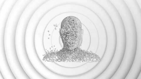 Animation of human head formed with exploding particles on 3d white background 库存影片 160046417