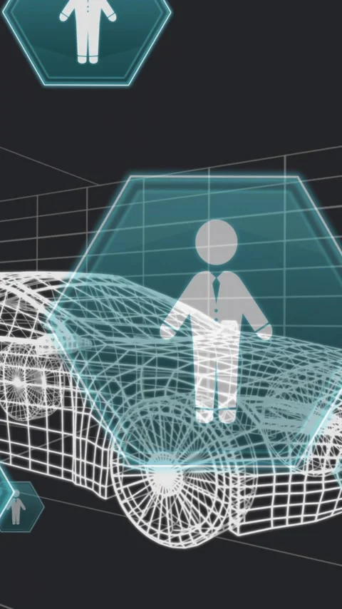 Animation of human icon in hexagons over 3d model of car moving against black Stock Footage 343547991