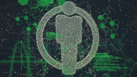 Animation of human model, chemical formulas, data and integrated circuit on Stock Footage 330343912