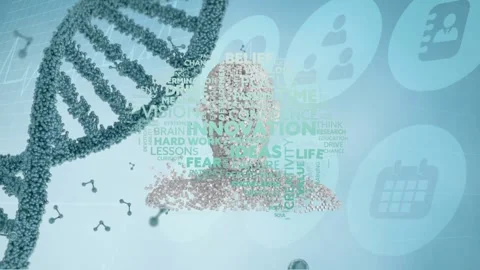 Animation of human model, dna and scientific data processing on blue background Stock Footage 329568208