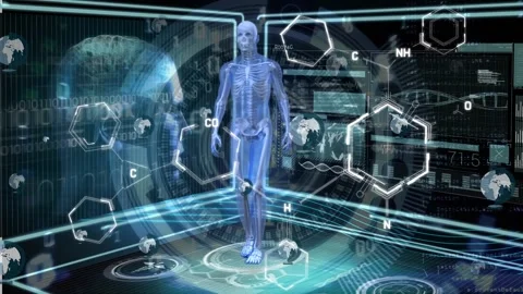 Animation of human model over data processing on black background Stock Footage 329917627