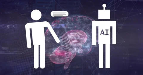 Animation of human representation and ai text in robot, binary codes in speech Stock Footage 257103647
