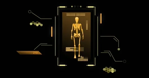 Animation of human skeleton and scientific data processing over black background Stockbeeldmateriaal 328811238