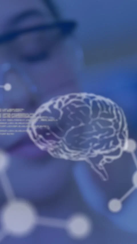 Animation of humans brain and data processing over female scientist in Stock Footage 344011873