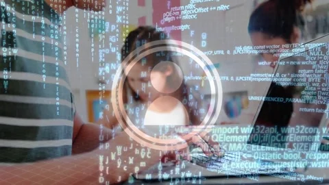 Animation on icon and data processing over hands of caucasian boy using laptop Stock Footage 330254358