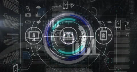 Animation of icon in circles, arc reactor over application icons and database Stock Footage 327004210