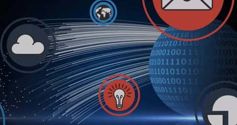 Animation of icon in circles, binary codes on globe over dots forming lines over 스톡 동영상 247616284