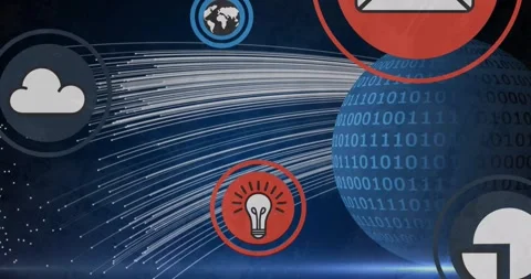 Animation of icon in circles, binary codes on globe over dots forming lines over Stock Footage 247907814
