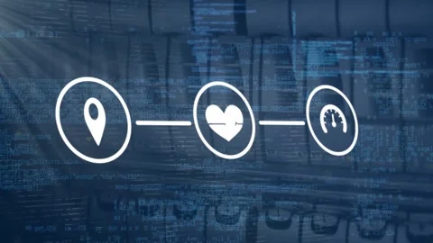 Animation of icon in circles connected with lines, computer language against Stock Footage 327200560