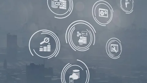 Animation of icon in circles over aerial view of fog covered modern cityscape in Stock Footage 245331272
