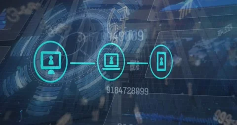 Animation of icon in circles over arc reactor, multiple countdowns, map, Stock Footage 221007667