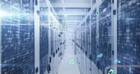 Animation of icon in circles over binary codes on data server racks in server Stock Footage 249252466