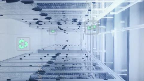 Animation of icon in circles over binary codes on data server racks in server Stock Footage 313356026