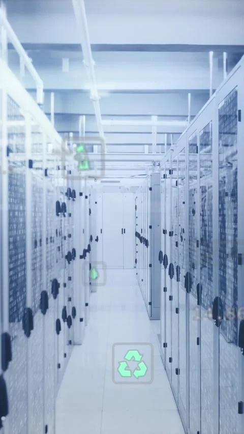 Animation of icon in circles over binary codes on data server racks in server Stock Footage 319975037