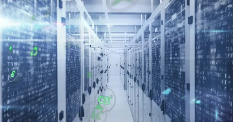 Animation of icon in circles over binary codes on data server racks in server Stock Footage 329368792